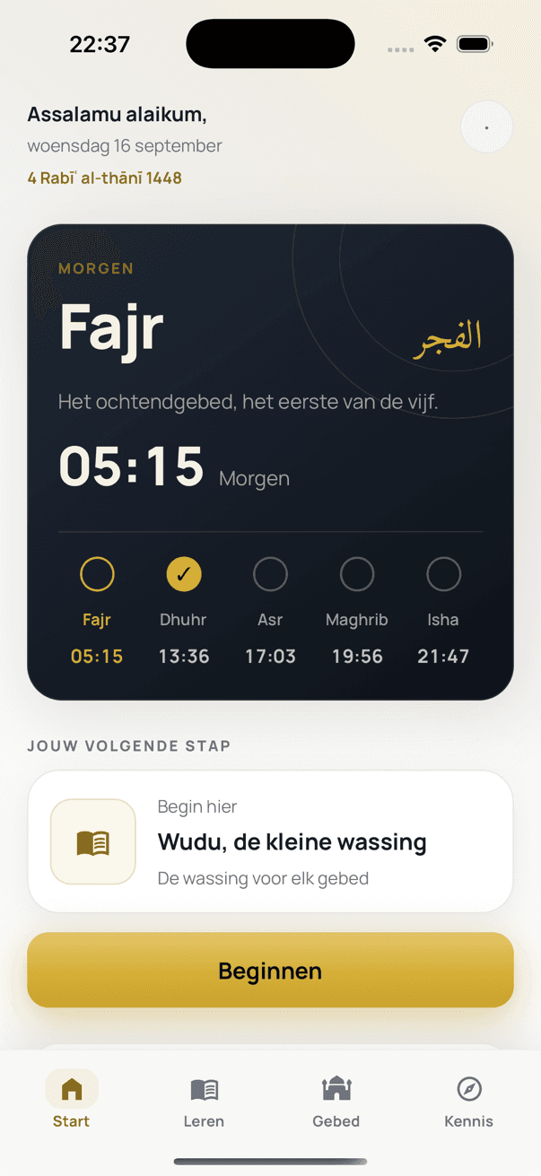 The Hidaya home screen with today's prayer times